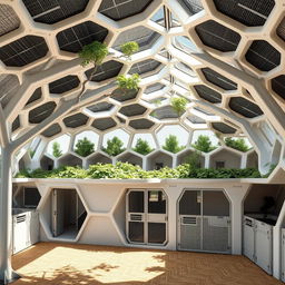 A futuristic stable design featuring hexagonal shapes interconnected to form a honeycomb-like structure