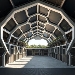 A futuristic stable design featuring hexagonal shapes interconnected to form a honeycomb-like structure
