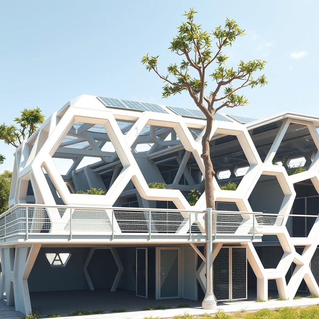 A futuristic stable design featuring hexagonal shapes interconnected to form a honeycomb-like structure
