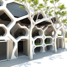 A futuristic stable design featuring hexagonal shapes interconnected to form a honeycomb-like structure