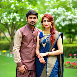 A stunning couple standing together in a beautiful park setting