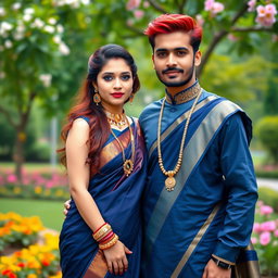 A stunning couple standing together in a beautiful park setting