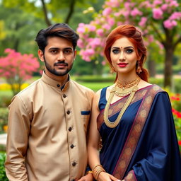 A stunning couple standing together in a beautiful park setting