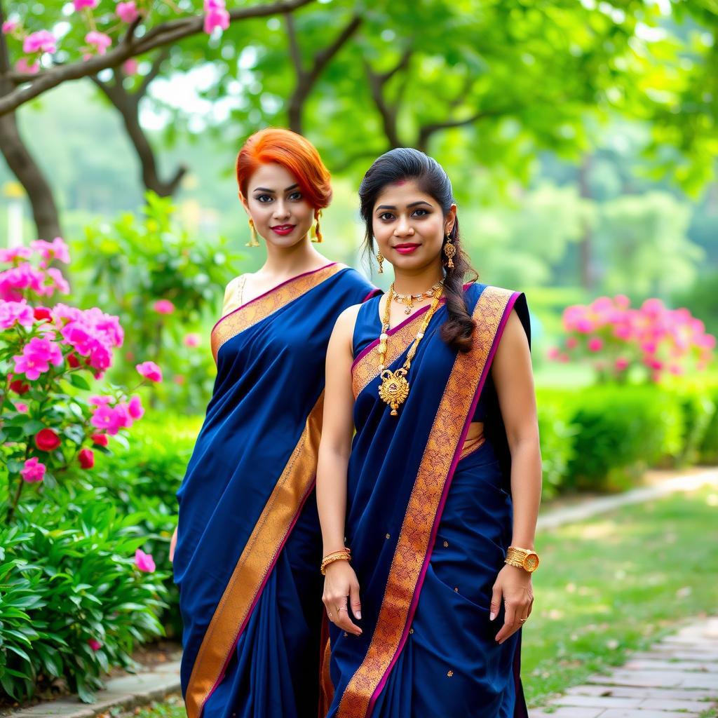 A stunning couple standing together in a beautiful park setting