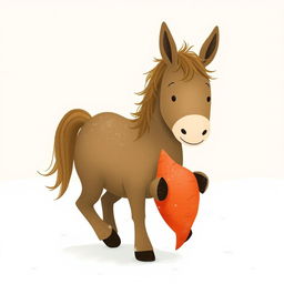 In a charming winter scene, a fully brown pony walks through a snowy landscape, grasping a red sweet potato in its front hooves