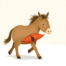 In a charming winter scene, a fully brown pony walks through a snowy landscape, grasping a red sweet potato in its front hooves