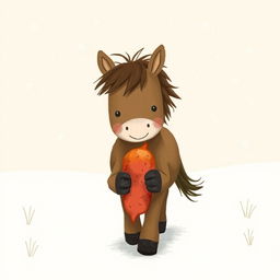 In a charming winter scene, a fully brown pony walks through a snowy landscape, grasping a red sweet potato in its front hooves