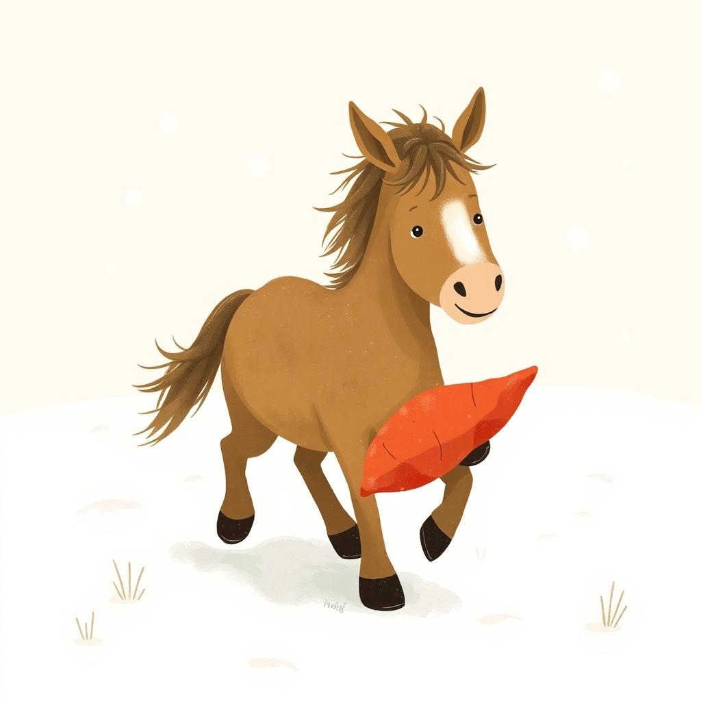 In a charming winter scene, a fully brown pony walks through a snowy landscape, grasping a red sweet potato in its front hooves
