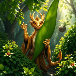 A golden dragonborn wizard, featuring shimmering scales that sparkle in the sunlight, is playfully hiding behind a giant green leaf