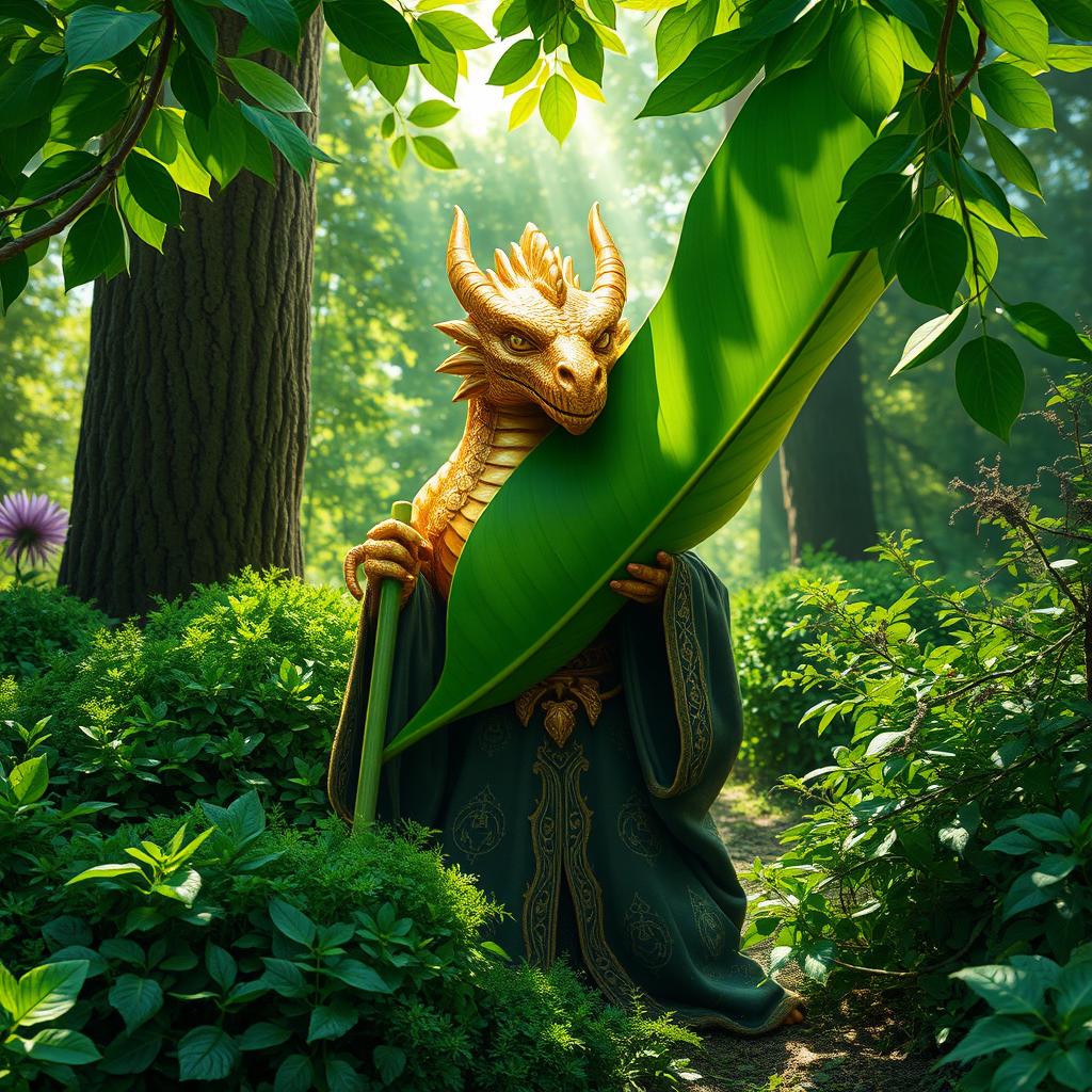A golden dragonborn wizard, featuring shimmering scales that sparkle in the sunlight, is playfully hiding behind a giant green leaf
