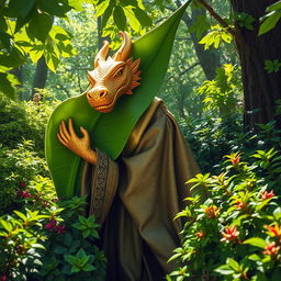 A golden dragonborn wizard, featuring shimmering scales that sparkle in the sunlight, is playfully hiding behind a giant green leaf