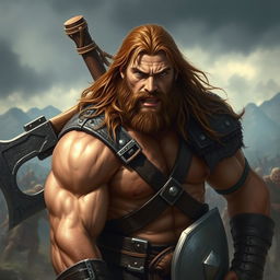 A big human man warrior with long chestnut brown hair and broad shoulders, showcasing his muscular physique