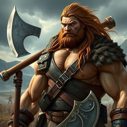 A big human man warrior with long chestnut brown hair and broad shoulders, showcasing his muscular physique