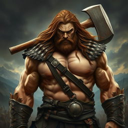 A big human man warrior with long chestnut brown hair and broad shoulders, showcasing his muscular physique