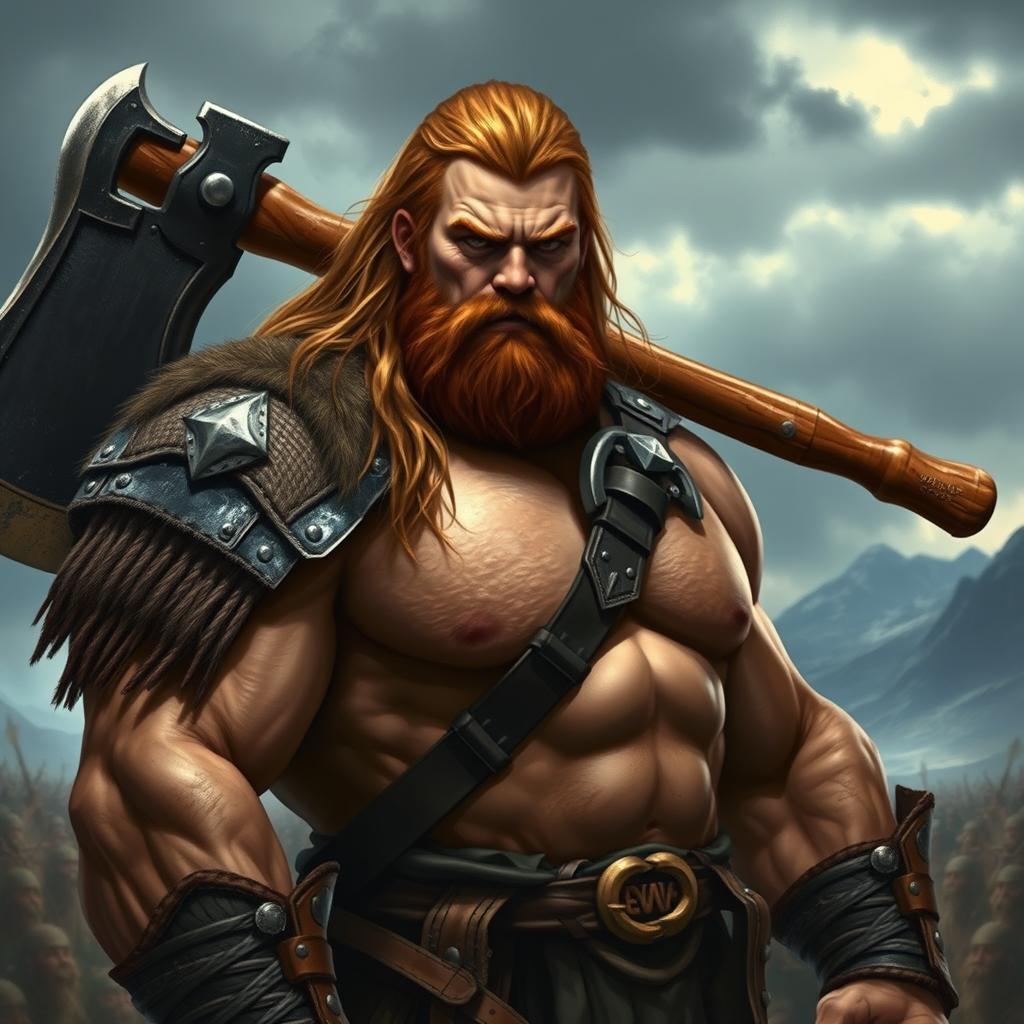 A big human man warrior with long chestnut brown hair and broad shoulders, showcasing his muscular physique