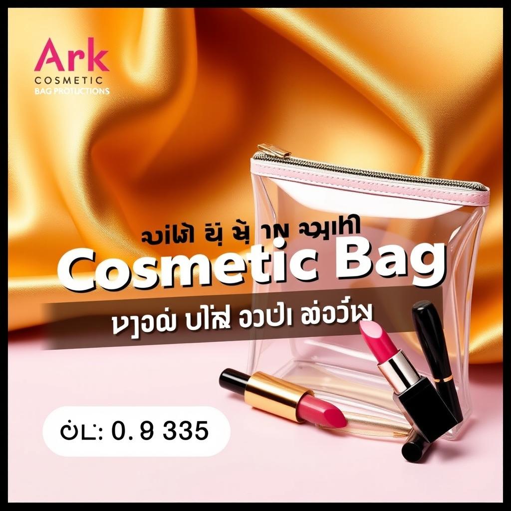 A stylish and elegant banner for “Ark Cosmetic Bag Production” featuring a luxurious background that emphasizes the production of leather and transparent cosmetic bags