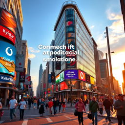 A vibrant street scene depicting a lively city life in an urban setting, showcasing modern architecture and pedestrians enjoying their day