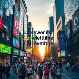 A vibrant street scene depicting a lively city life in an urban setting, showcasing modern architecture and pedestrians enjoying their day