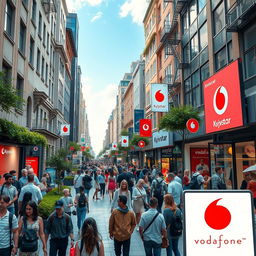 A captivating urban street scene that embodies a lively moment in city life, featuring bustling sidewalks filled with diverse groups of people