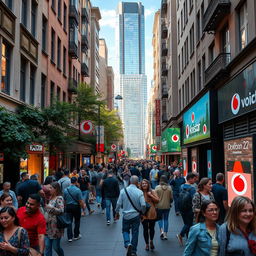 A captivating urban street scene that embodies a lively moment in city life, featuring bustling sidewalks filled with diverse groups of people
