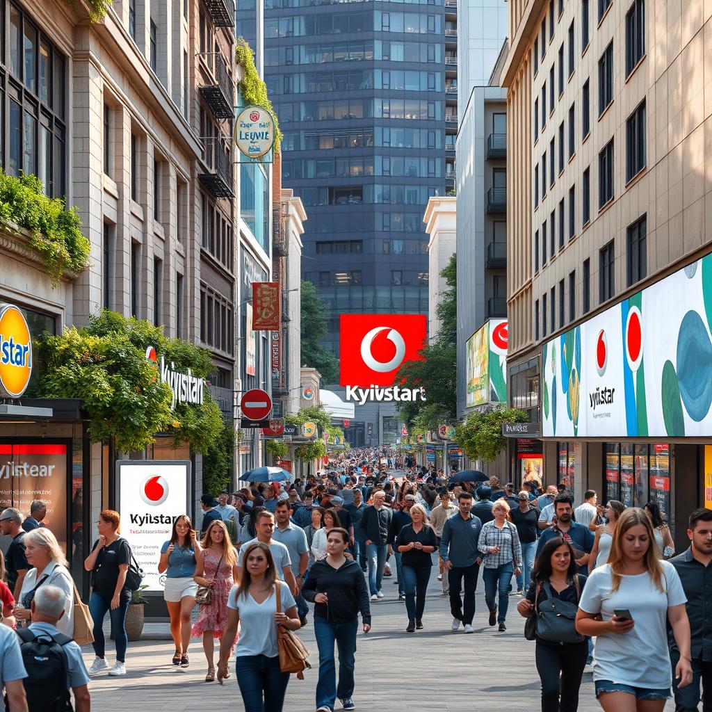 A captivating urban street scene that embodies a lively moment in city life, featuring bustling sidewalks filled with diverse groups of people