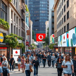 A captivating urban street scene that embodies a lively moment in city life, featuring bustling sidewalks filled with diverse groups of people