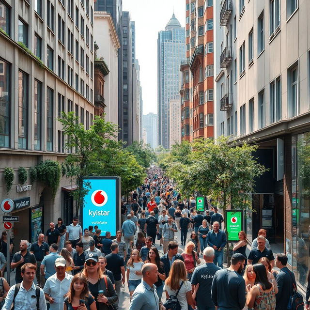A captivating urban street scene that embodies a lively moment in city life, featuring bustling sidewalks filled with diverse groups of people