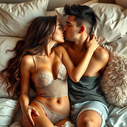 A romantic and intimate setting between a couple, showcasing a passionate moment