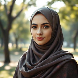 A beautiful young woman wearing a stylish hijab that elegantly covers her chest, with intricate patterns and a rich color palette