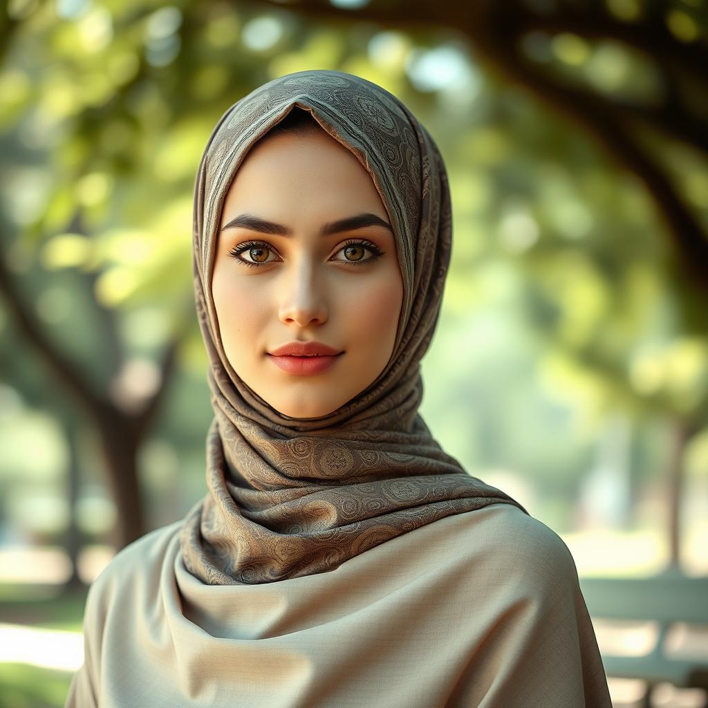 A beautiful young woman wearing a stylish hijab that elegantly covers her chest, with intricate patterns and a rich color palette