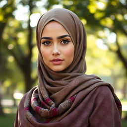A beautiful young woman wearing a stylish hijab that elegantly covers her chest, with intricate patterns and a rich color palette