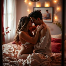 A romantic and intimate scene featuring a couple expressing their love for each other in a cozy, softly lit bedroom