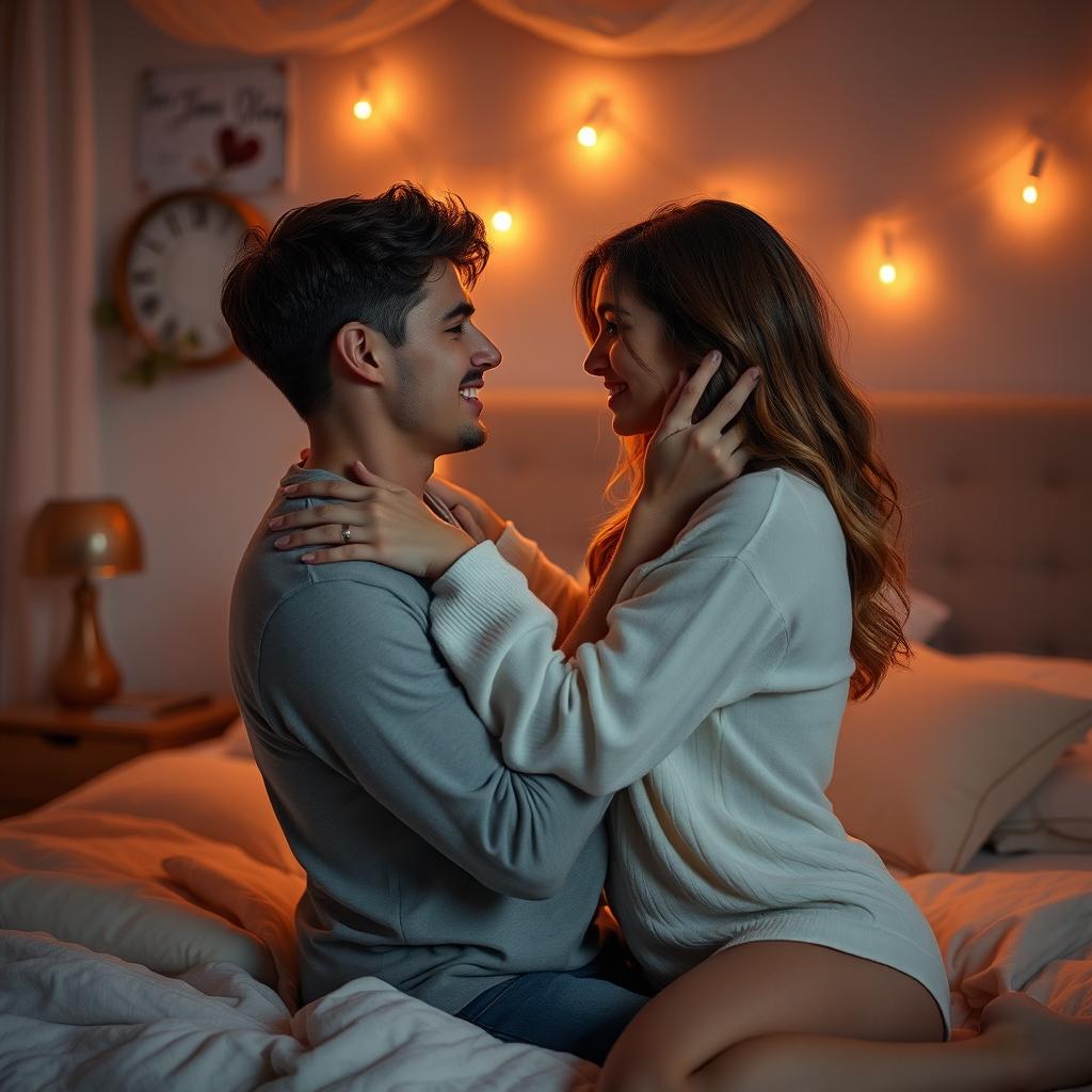 A romantic and intimate scene featuring a couple expressing their love for each other in a cozy, softly lit bedroom