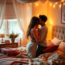 A romantic and intimate scene featuring a couple expressing their love for each other in a cozy, softly lit bedroom