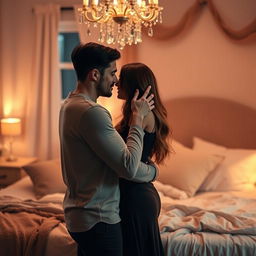 A romantic and intimate scene featuring a couple expressing their love for each other in a cozy, softly lit bedroom