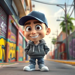 A 3D character design of Eminem in a Pixar animation style, featuring a stylized and exaggerated cartoon version of him with big expressive eyes and a broad smile
