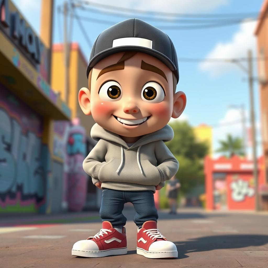 A 3D character design of Eminem in a Pixar animation style, featuring a stylized and exaggerated cartoon version of him with big expressive eyes and a broad smile
