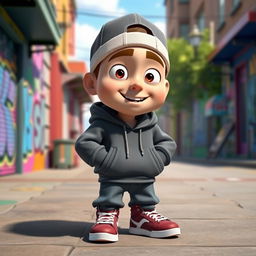 A 3D character design of Eminem in a Pixar animation style, featuring a stylized and exaggerated cartoon version of him with big expressive eyes and a broad smile