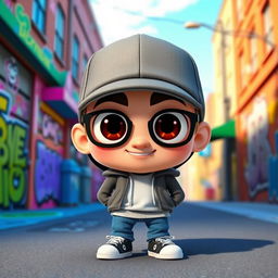 A 3D character design of Eminem in a Pixar animation style, featuring a stylized and exaggerated cartoon version of him with big expressive eyes and a broad smile