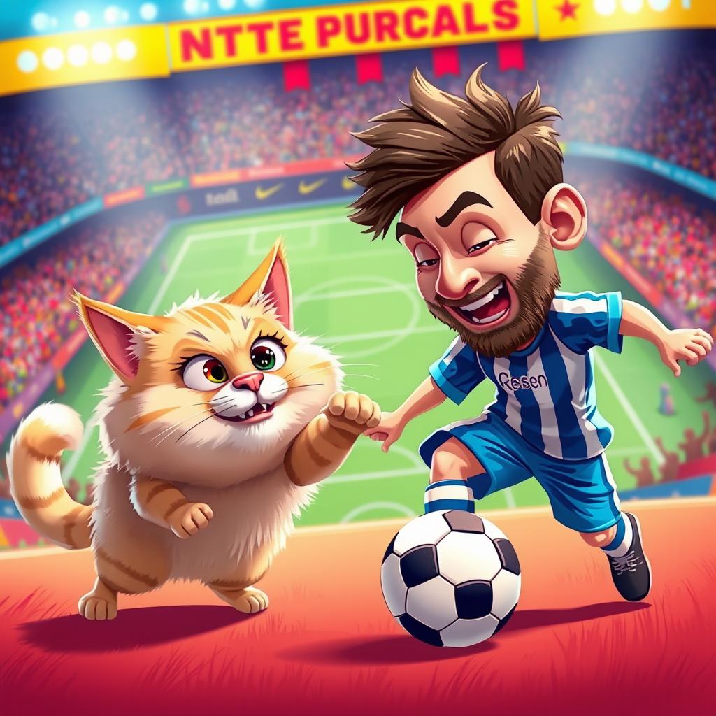 A whimsical scene depicting a cartoonish fight between a famous soccer player resembling Messi and an exaggeratedly oversized, fluffy cat