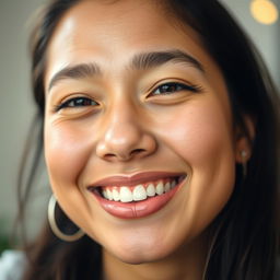 A close-up portrait of a person with a smaller nose and a warm, engaging smile, emphasizing facial features that convey happiness