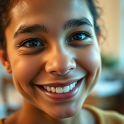 A close-up portrait of a person with a smaller nose and a warm, engaging smile, emphasizing facial features that convey happiness