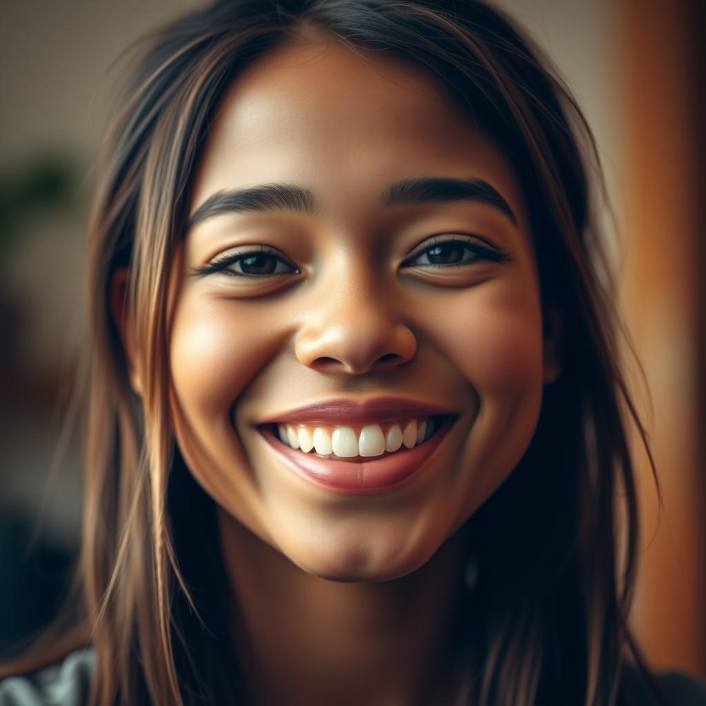 A close-up portrait of a person with a smaller nose and a warm, engaging smile, emphasizing facial features that convey happiness