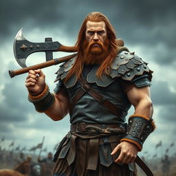 A big human man warrior with long chestnut brown hair cascading down his shoulders, wearing rugged leather armor that emphasizes his broad shoulders and muscular physique