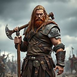A big human man warrior with long chestnut brown hair cascading down his shoulders, wearing rugged leather armor that emphasizes his broad shoulders and muscular physique
