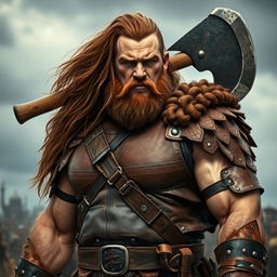 A big human man warrior with long chestnut brown hair cascading down his shoulders, wearing rugged leather armor that emphasizes his broad shoulders and muscular physique