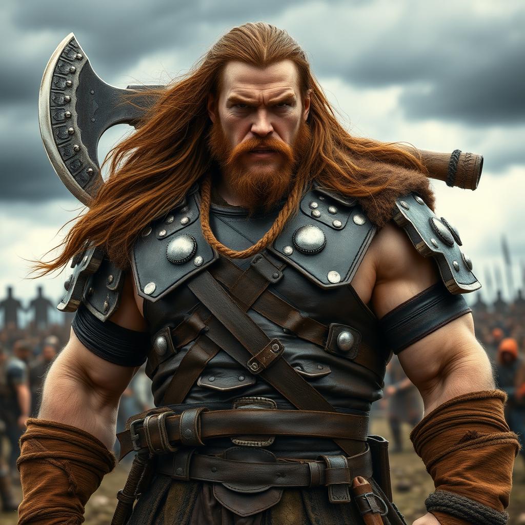 A big human man warrior with long chestnut brown hair cascading down his shoulders, wearing rugged leather armor that emphasizes his broad shoulders and muscular physique