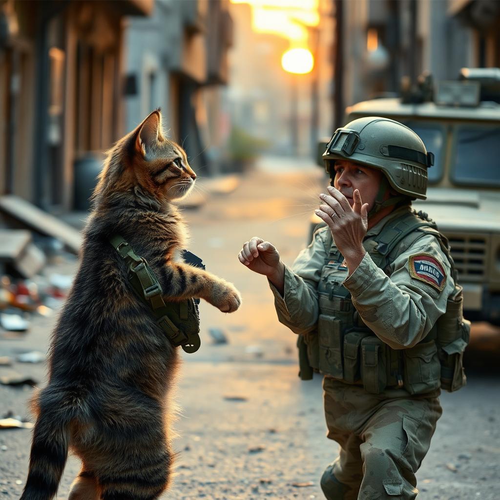 Epic Showdown: Scrappy Cat vs. Bewildered Soldier
