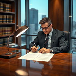 A professional male lawyer in a sleek modern law office, sitting behind a sophisticated wooden table, deeply focused on drafting a defense bill