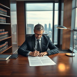 A professional male lawyer in a sleek modern law office, sitting behind a sophisticated wooden table, deeply focused on drafting a defense bill